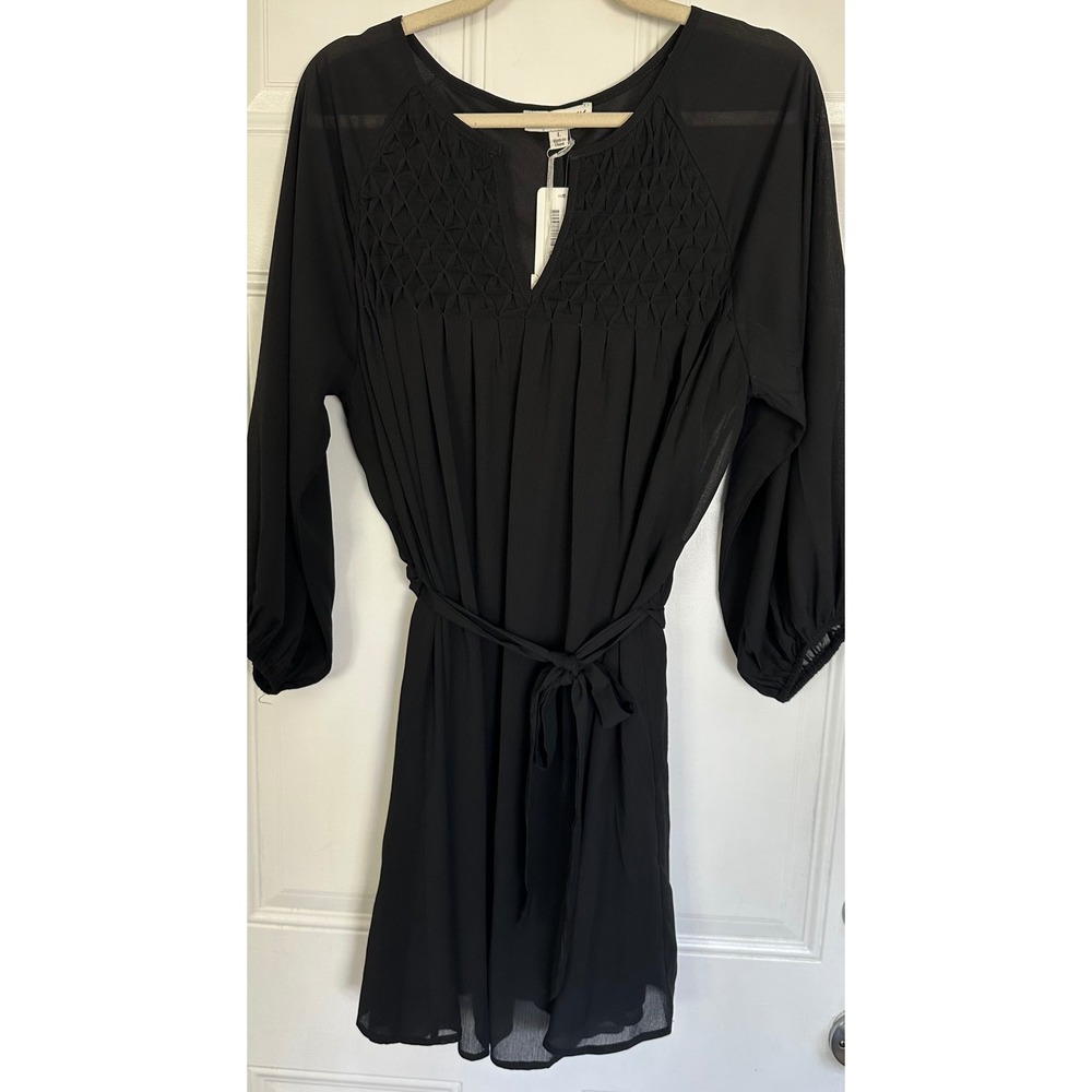 She + Sky Black Stitched Woven Dress L Smocked V-Neck Balloon Sleeve NWT SY2530